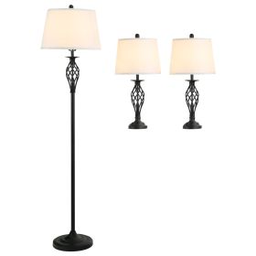 3 Piece Lamp Set with Floor and Table Lamps Metal Pole Round Base Fabric Shade for Living Room Bedroom Black White