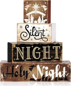 4 Pcs Wooden Christmas Nativity Table Sign Wooden Holy Night Decorative Signage Xmas Tiered Tray Decor Winter Centerpieces Farmhouse Block Set Xm