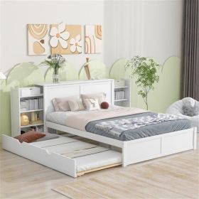Queen Size Storage Platform Bed with Pull Out Shelves and Twin XL Size Trundle, White