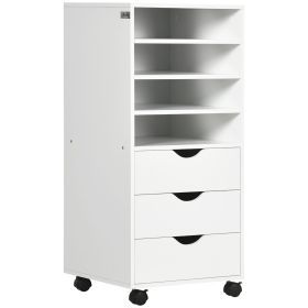 Vertical Filing Cabinet, Mobile File Cabinet on Wheels with 3 Drawers and 4 Open Shelves, Printer Stand with Lockable Casters for Home Office, Wh