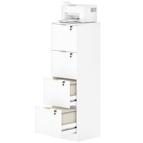 Lockable Filing Cabinet with 4 Fluted Drawers, File Cabinet with Adjustable Hanging Rails for A4 Letter Files, White