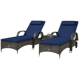 Patio Wicker Chaise Lounge Chair Set Of 2 With Table, Adjustable Backrest, Wheels, Cushion & Headrest, Dark Blue (Option: Dark blue)